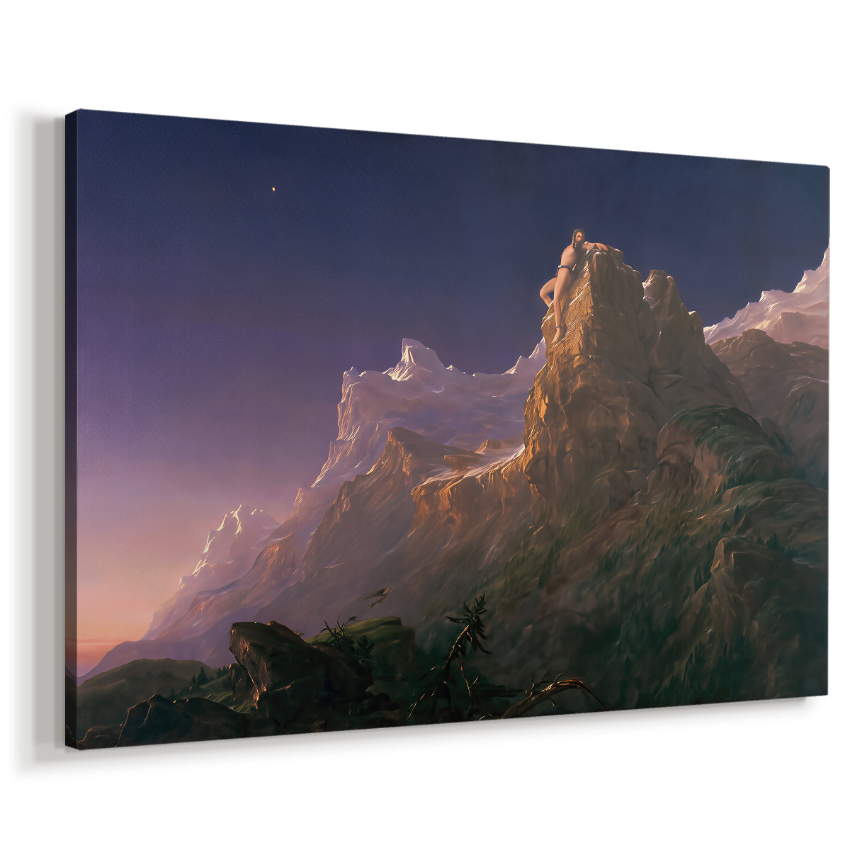 Canvas art print featuring a dramatic scene combining figure and rugged terrain, displayed at an angle
