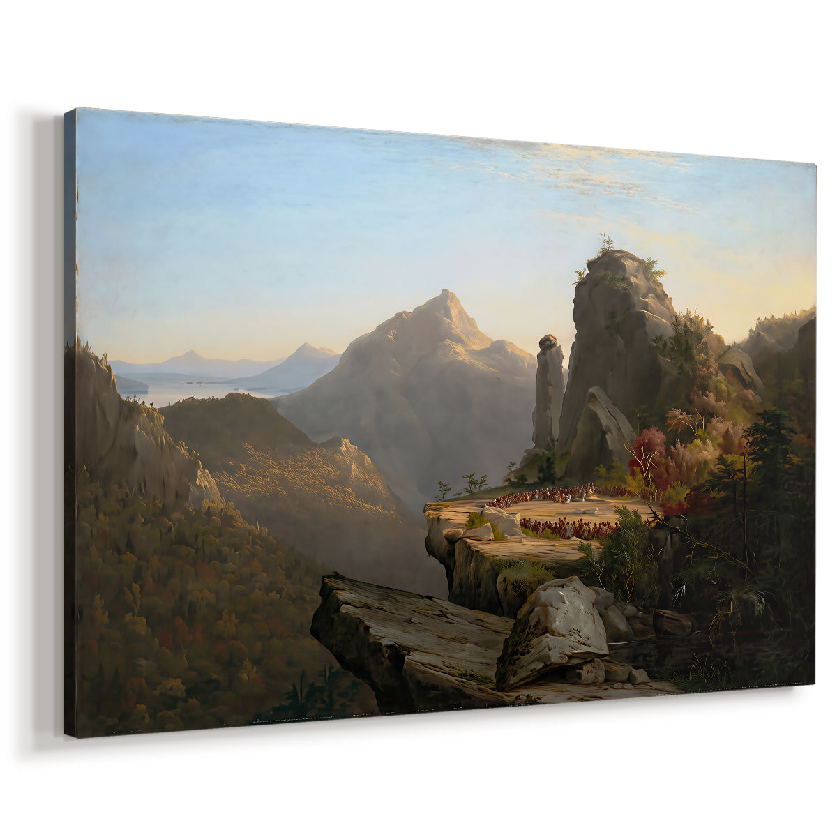 Canvas art print featuring a romantic wilderness scene with figures moving through dramatic terrain, displayed at an angle