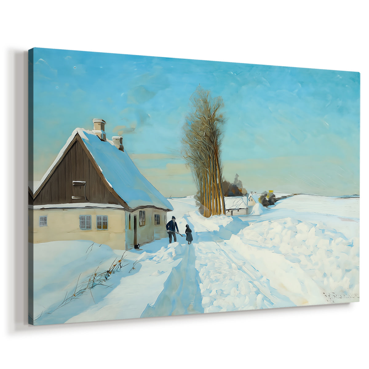 Canvas art print featuring a snowy village scene with figure clearing path near building, displayed at an angle