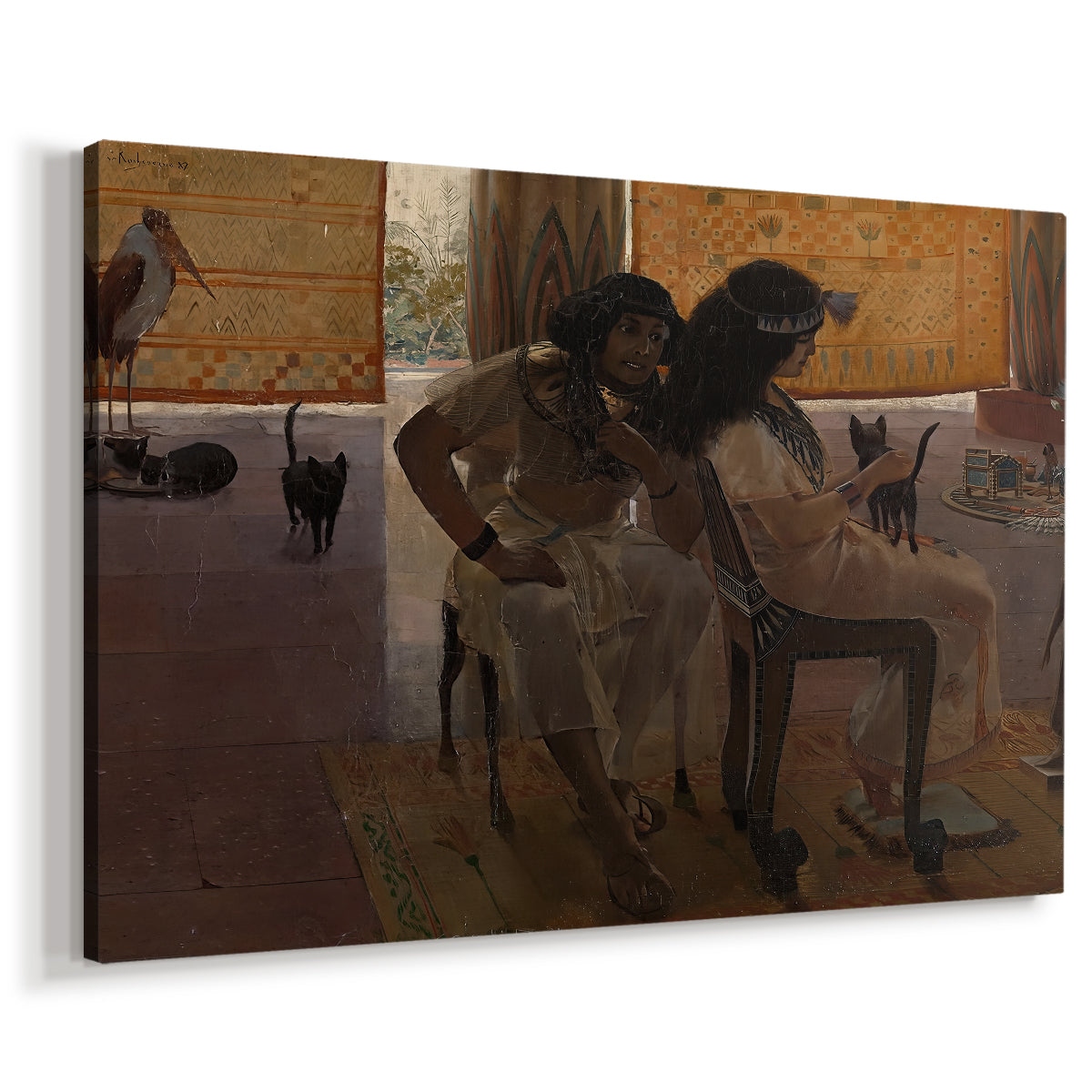 Canvas art print featuring a historical scene depicting figures in ornate Egyptian environment, displayed at an angle