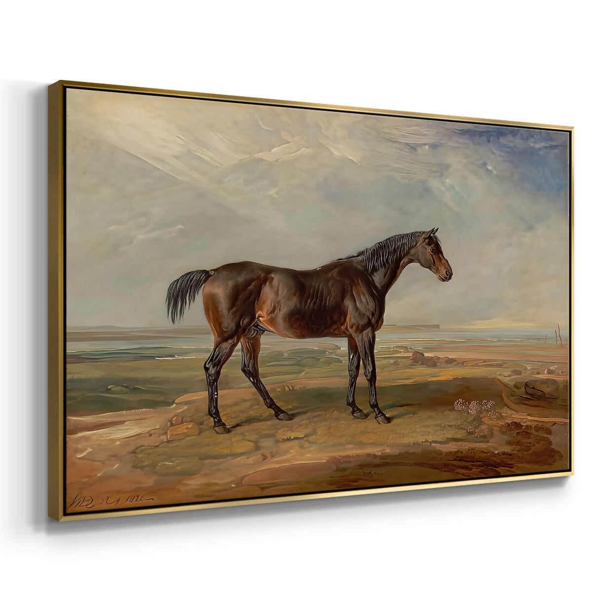 Dr. Syntax, a Bay Racehorse, Standing in a Coastal Landscape, an Estuary Beyond, c. 1820 - Floater Framed Canvas Print