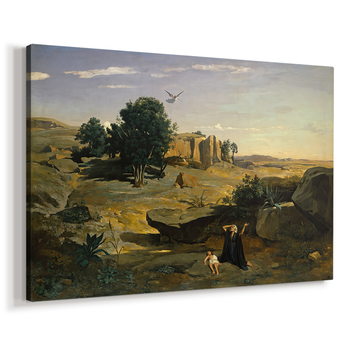Canvas art print featuring a biblical scene set within quiet natural environment, displayed at an angle