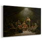 Canvas art print featuring an intimate prayer meeting with figures seated around table in candlelit room, displayed at an angle