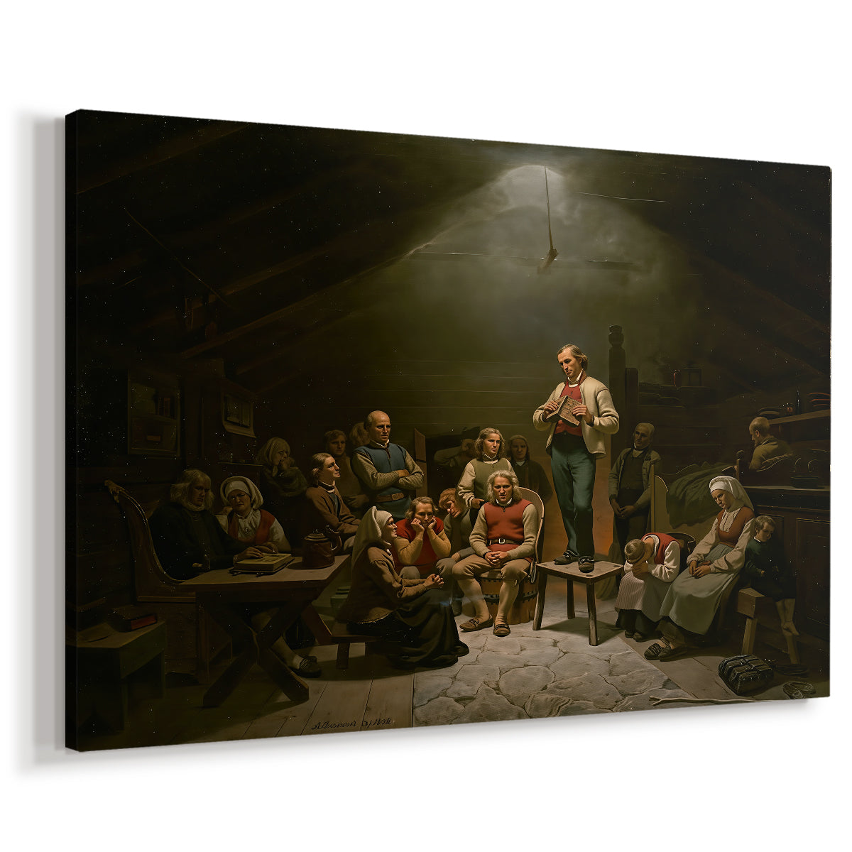 Canvas art print featuring an intimate prayer meeting with figures seated around table in candlelit room, displayed at an angle
