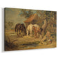 Canvas art print featuring a pastoral scene with animals eating in rural landscape, displayed at an angle