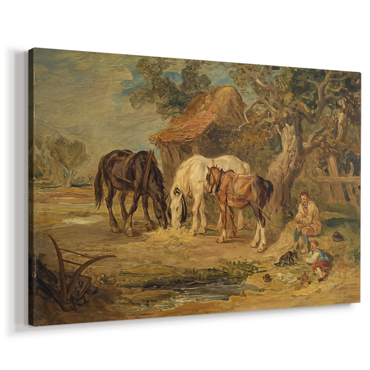 Canvas art print featuring a pastoral scene with animals eating in rural landscape, displayed at an angle