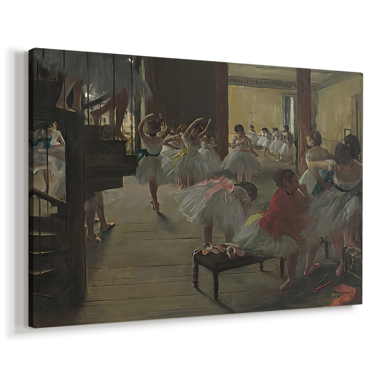 Canvas art print featuring a rehearsal scene with dancers stretching and posing indoors, displayed at an angle