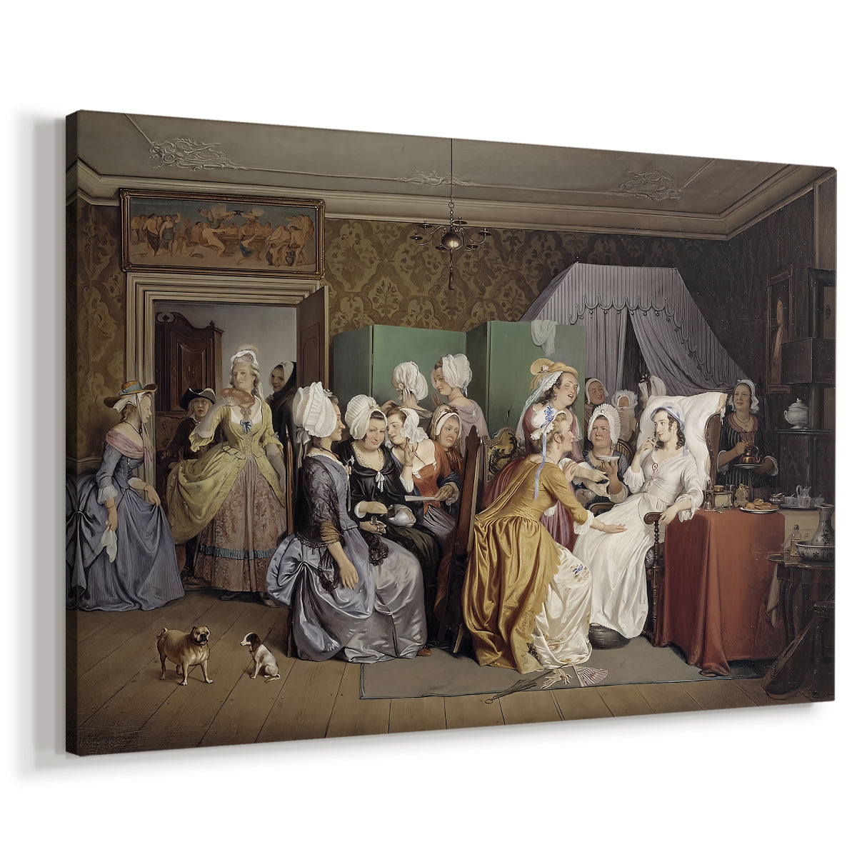 Canvas art print featuring an indoor scene showing caregiving and conversation among figures, displayed at an angle