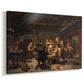 Canvas art print featuring a group of villagers celebrating a hunter's return inside a traditional wooden home, displayed at an angle