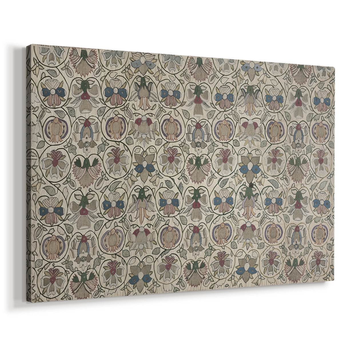 Canvas art print featuring a decorative fabric design with evenly spaced botanical motifs, displayed at an angle