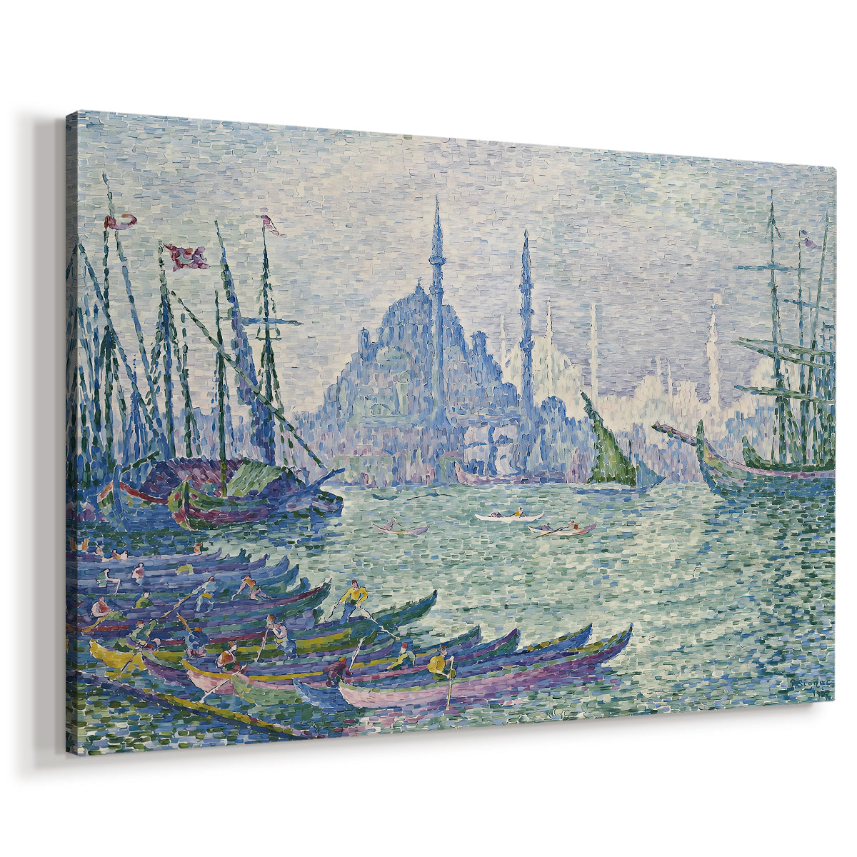 Canvas art print featuring an architectural coastal scene in harbor, displayed at an angle