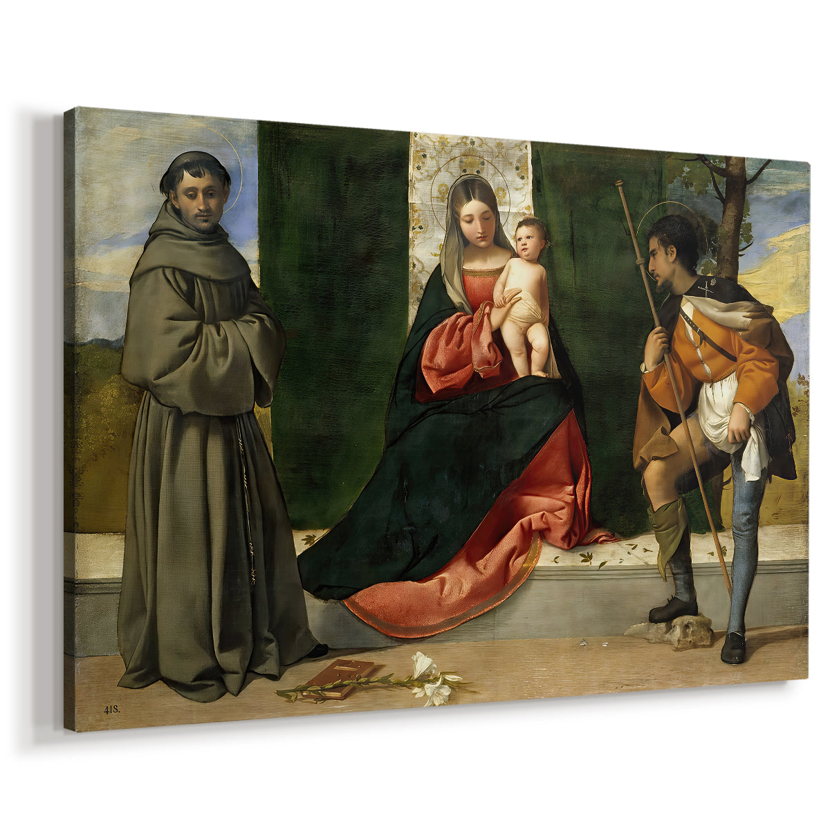Canvas art print featuring a religious group composition with sacred figures arranged around central pair, displayed at an angle