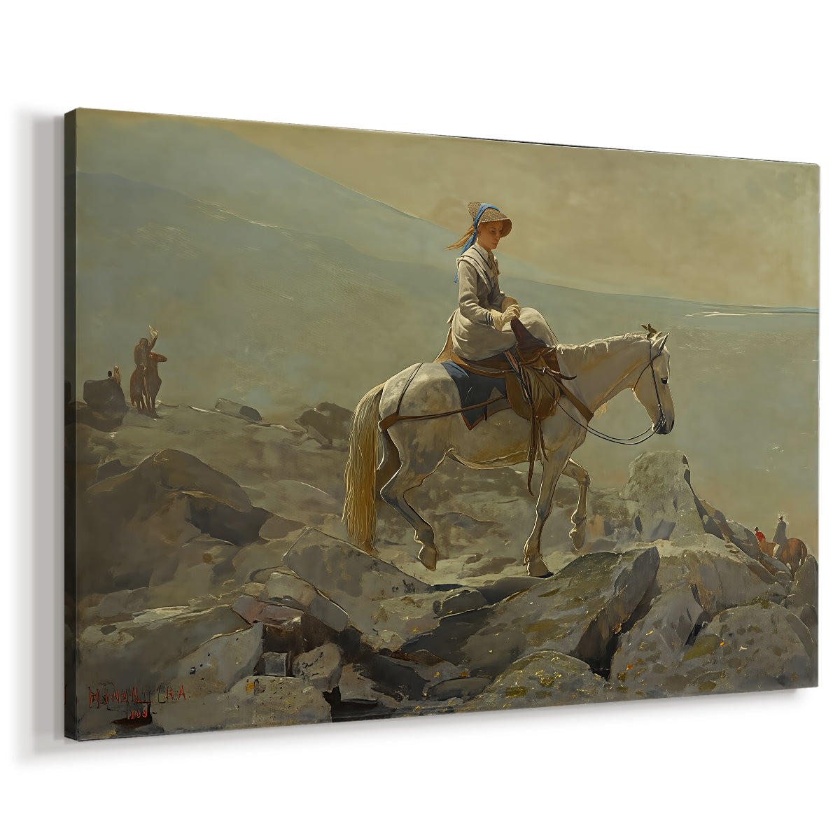 Canvas art print featuring a landscape scene with figure traveling along ridge, displayed at an angle