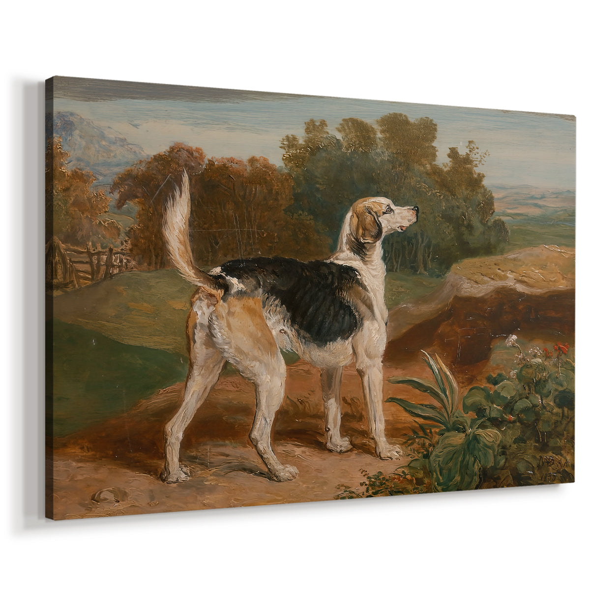 Canvas art print featuring a detailed portrait of hound in outdoor setting, displayed at an angle