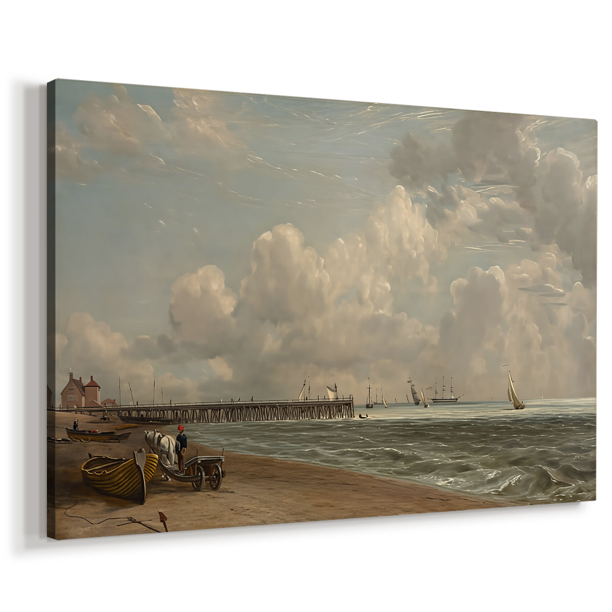 Canvas art print featuring a coastal scene with structure in water, displayed at an angle