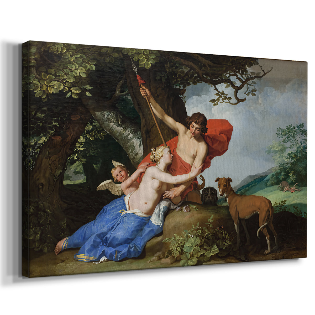 Canvas art print featuring a classical mythological scene of Venus and Adonis in a wooded landscape with cherubs, displayed at an angle
