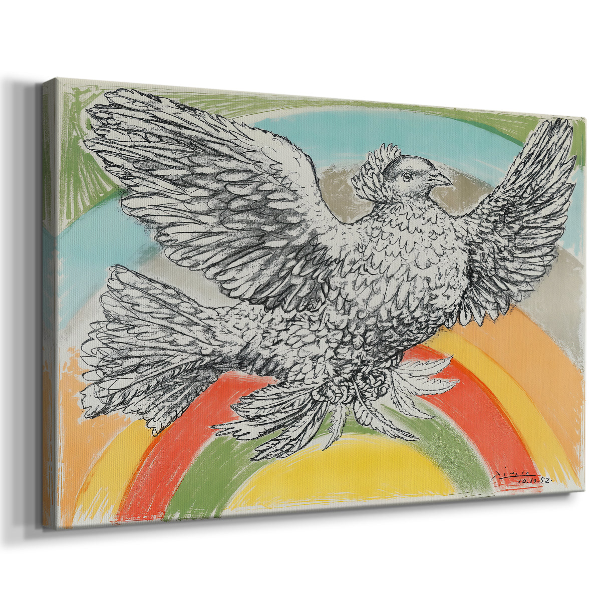 Canvas art print featuring a symbolic composition with bird and color bands, displayed at an angle