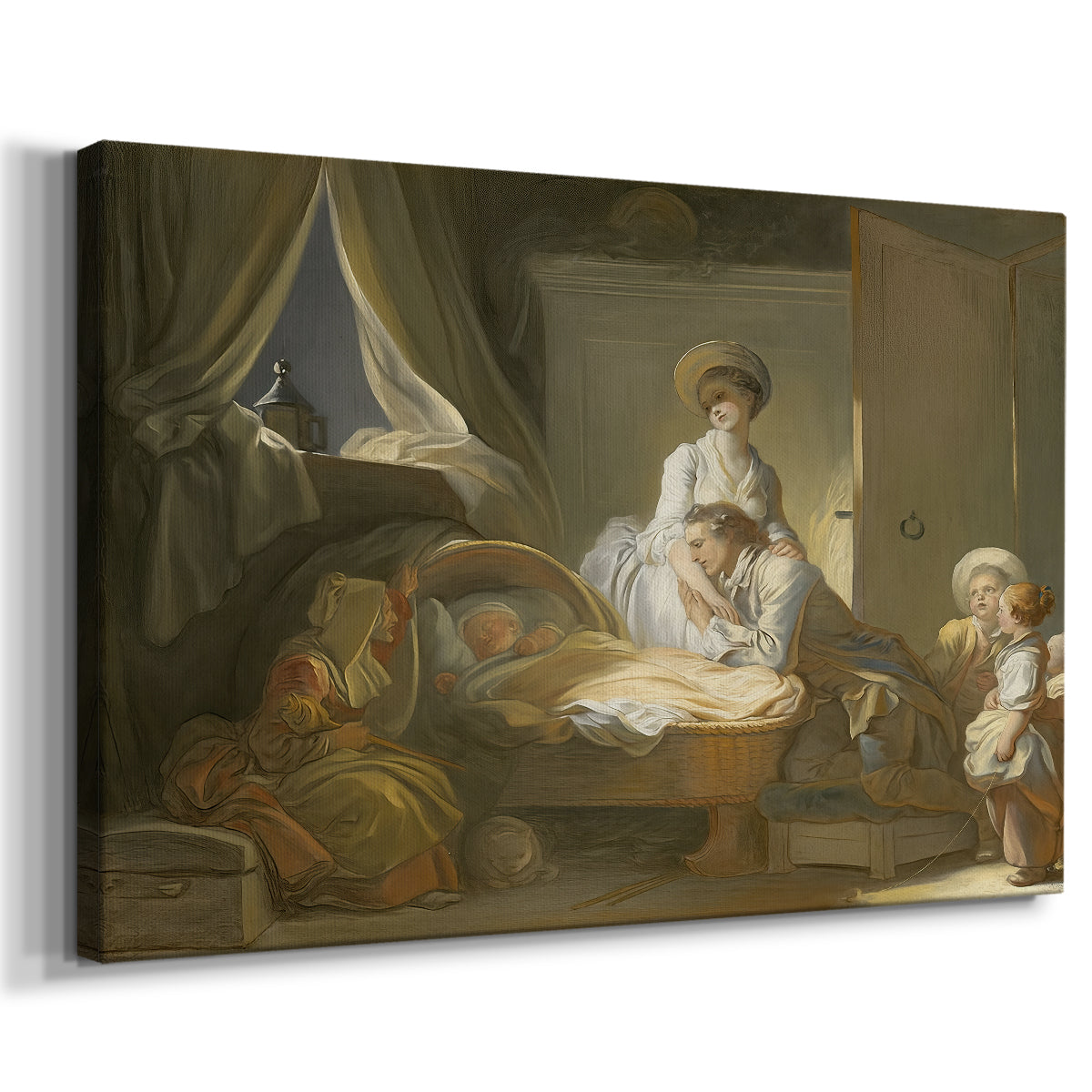 Canvas art print featuring a Rococo family scene with soft lighting and interaction, displayed at an angle