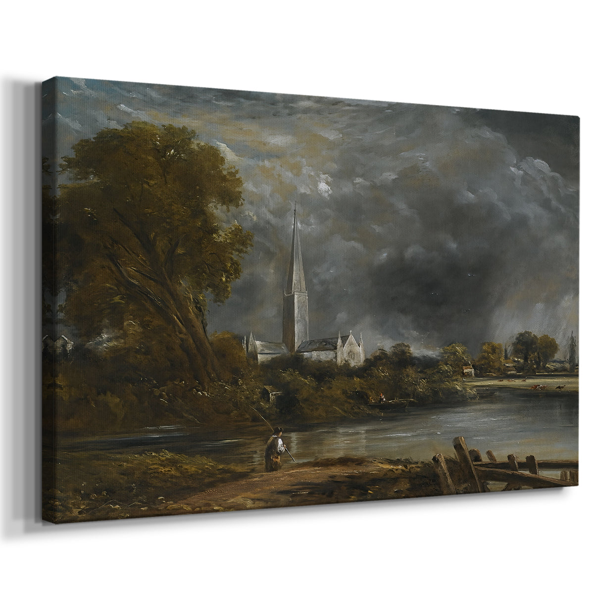 Canvas art print featuring an atmospheric landscape with church and reflection, displayed at an angle