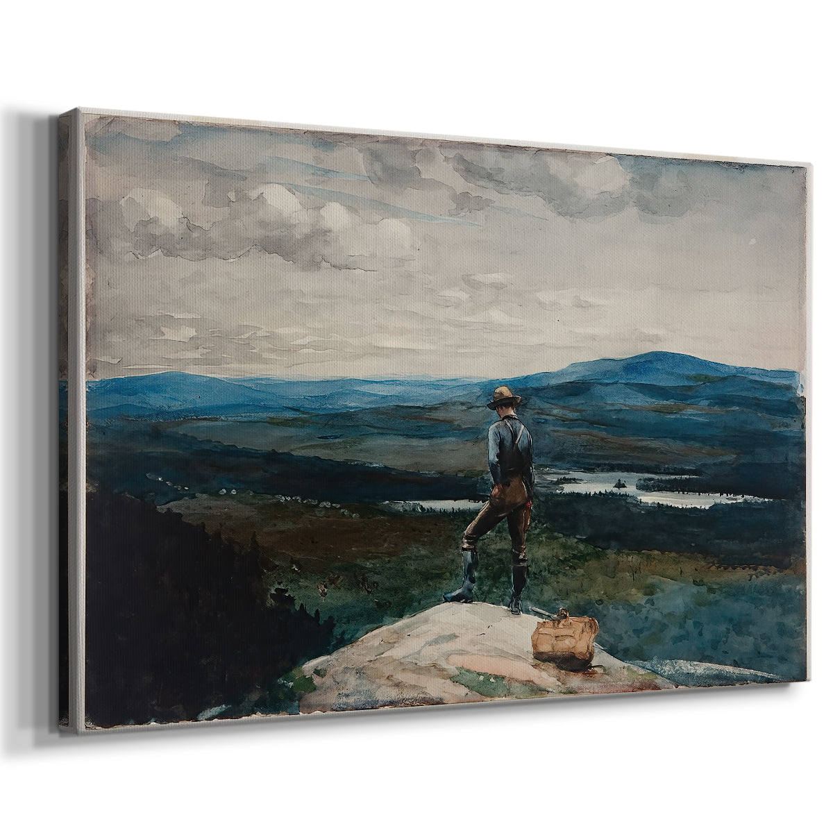 Canvas art print featuring an outdoor scene with person navigating boat across lake, displayed at an angle