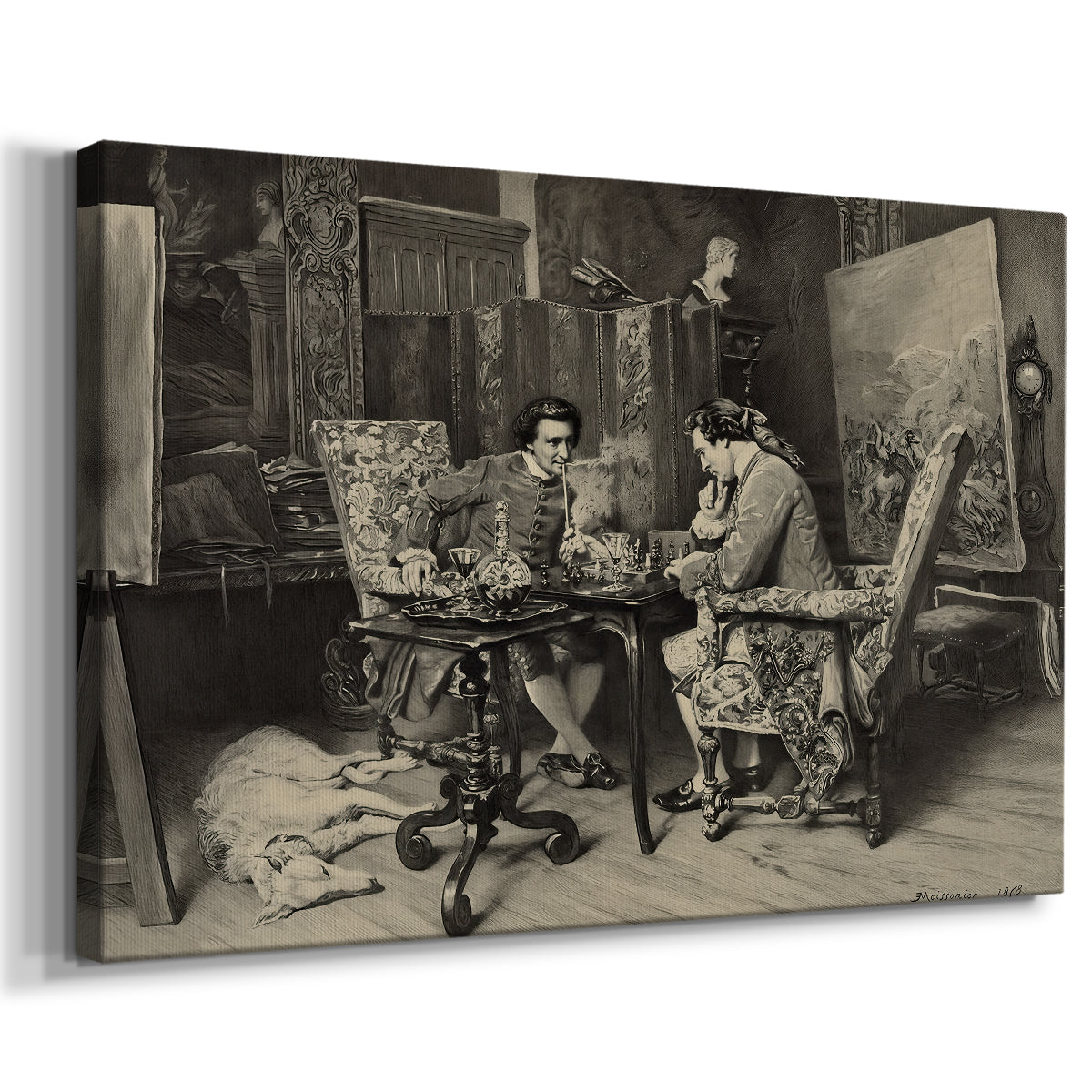 Canvas art print featuring a realistic scene of figures concentrating on chess game indoors, displayed at an angle