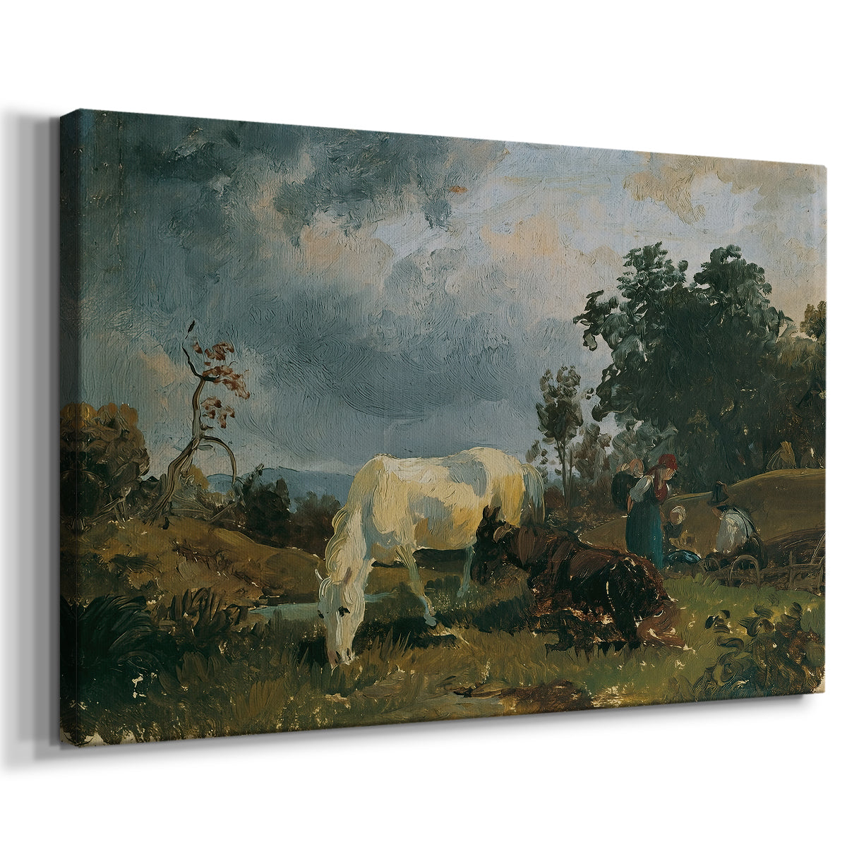 Canvas art print featuring a pastoral scene with animals in countryside, displayed at an angle