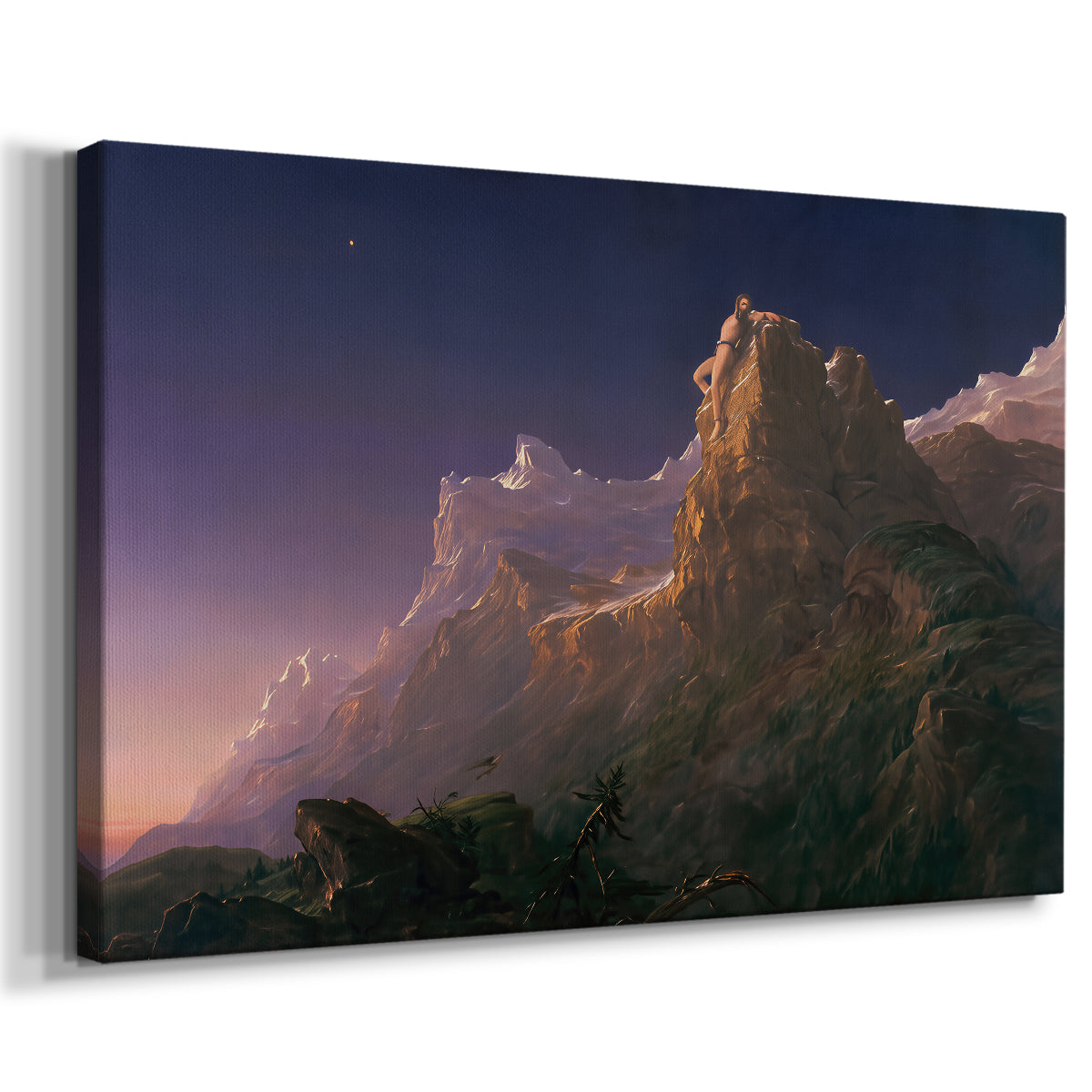 Canvas art print featuring a dramatic scene combining figure and rugged terrain, displayed at an angle