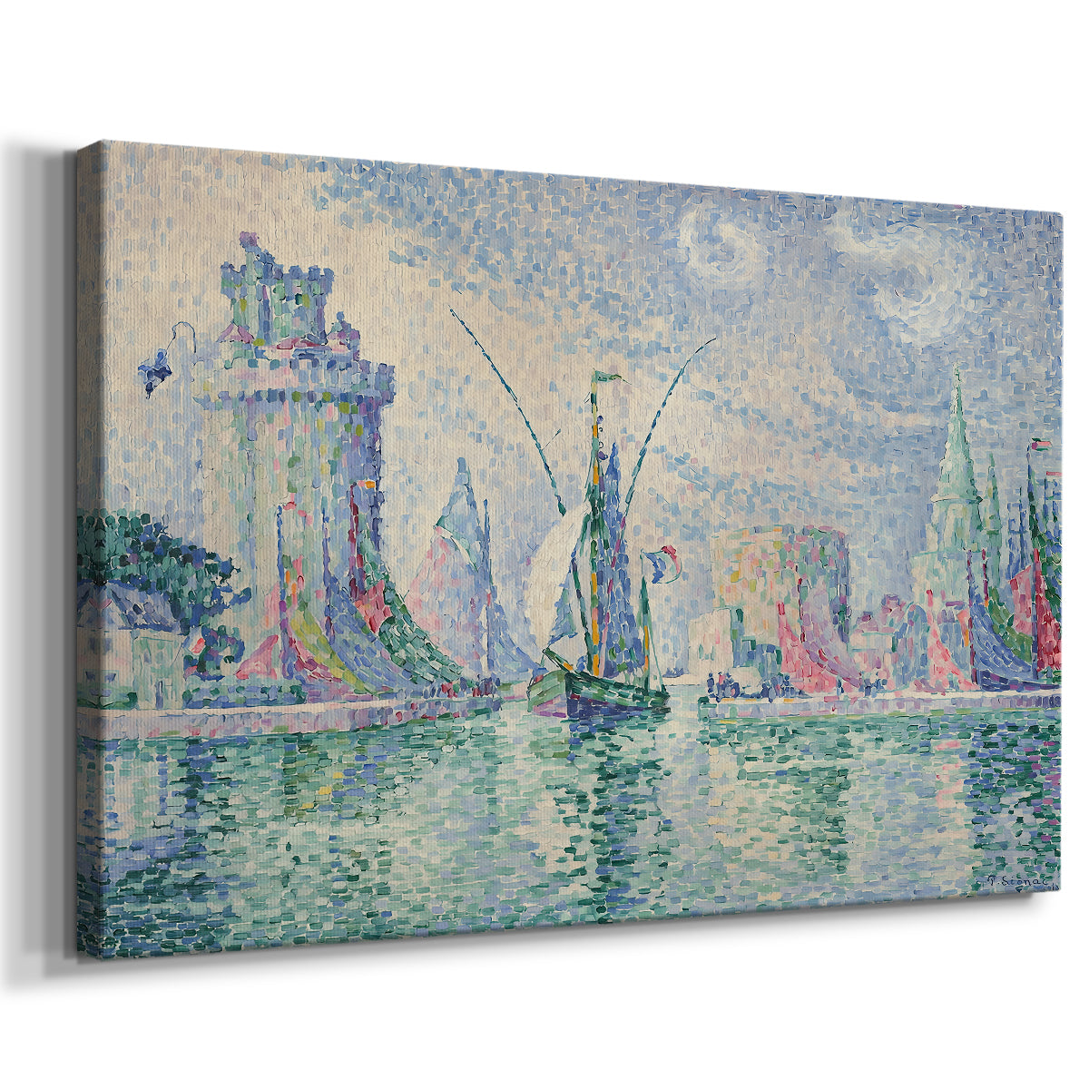 Canvas art print featuring a harbor scene with architectural forms, displayed at an angle