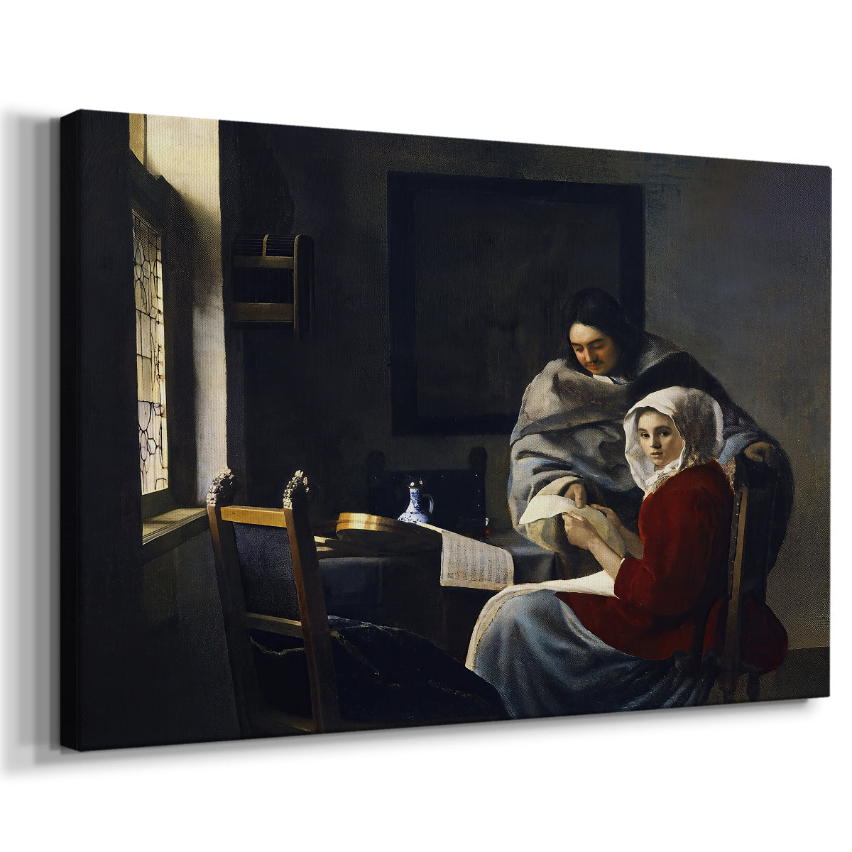 Canvas art print featuring a quiet domestic scene with instrument and window light, displayed at an angle