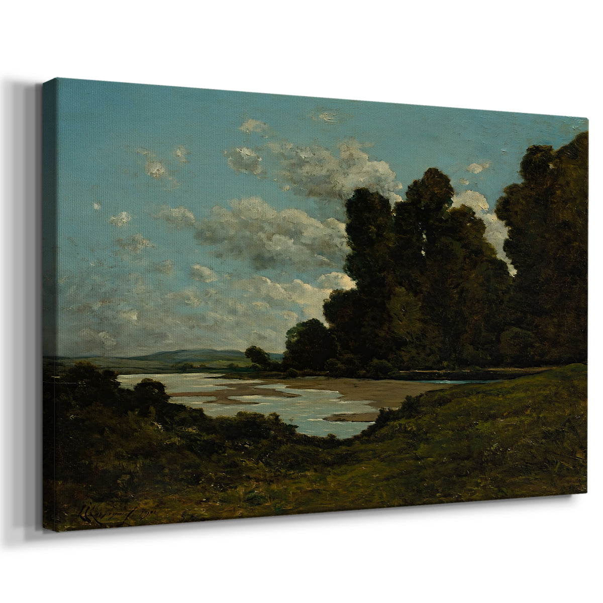 Canvas art print featuring a scenic river view with architecture and water reflections, displayed at an angle