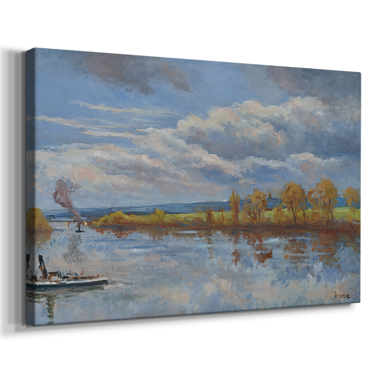 Canvas art print featuring a calm river scene with shoreline, displayed at an angle