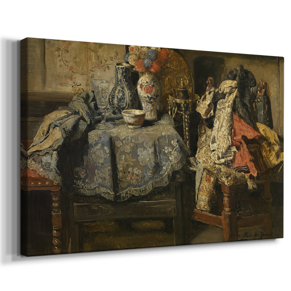 Canvas art print featuring a collection of tools and items displayed in interior setting, displayed at an angle