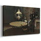 Canvas art print featuring a quiet domestic scene with lamp-lit table and subdued atmosphere, displayed at an angle