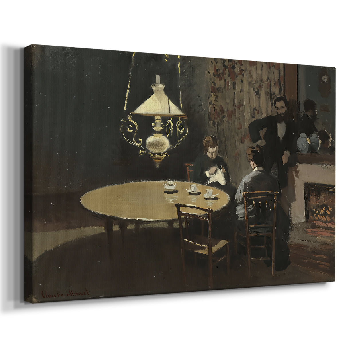 Canvas art print featuring a quiet domestic scene with lamp-lit table and subdued atmosphere, displayed at an angle