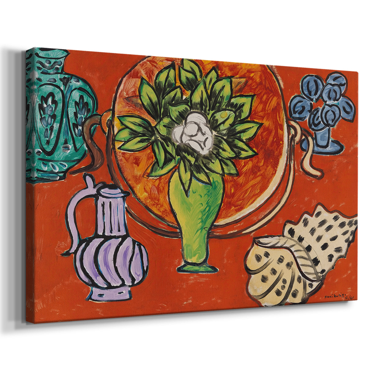 Canvas art print featuring a floral still life with magnolia blooms and decorative background, displayed at an angle