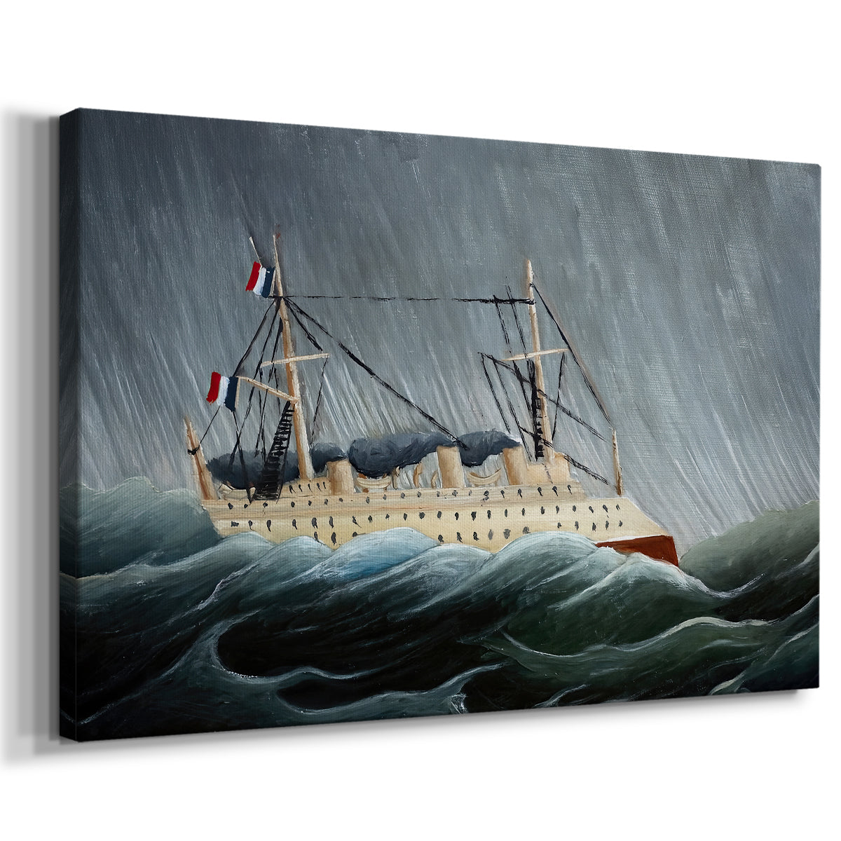 Canvas art print featuring a dramatic seascape with vessel navigating rough ocean, displayed at an angle