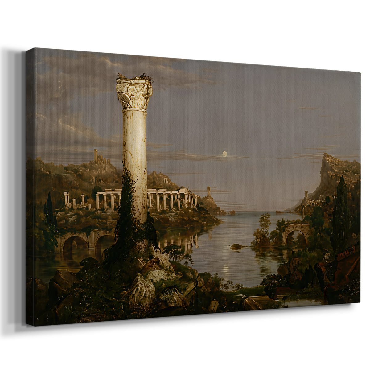 Canvas art print featuring an abandoned landscape with remnants of once-grand architecture, displayed at an angle