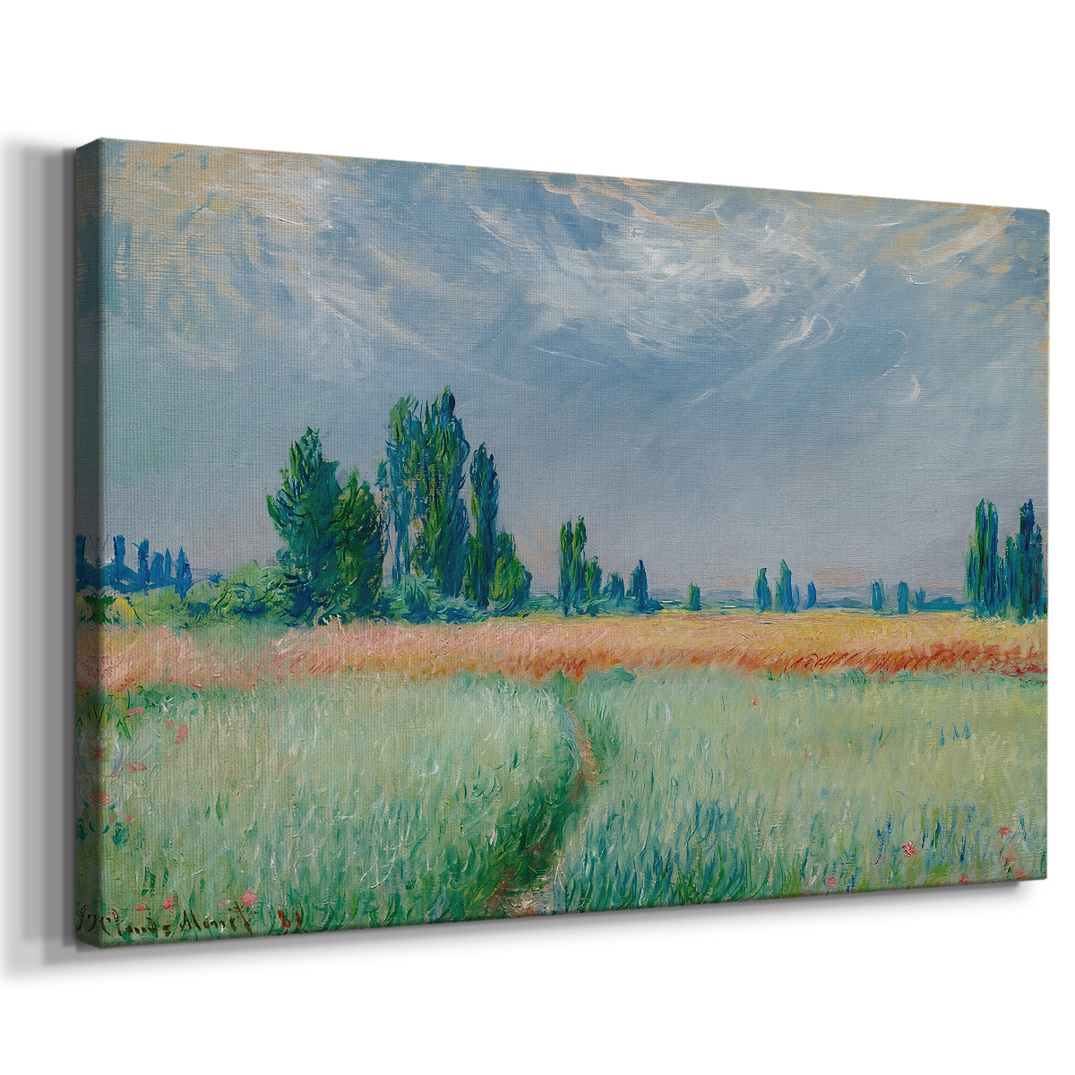 Canvas art print featuring an impressionist depiction of ripened grain field in countryside, displayed at an angle
