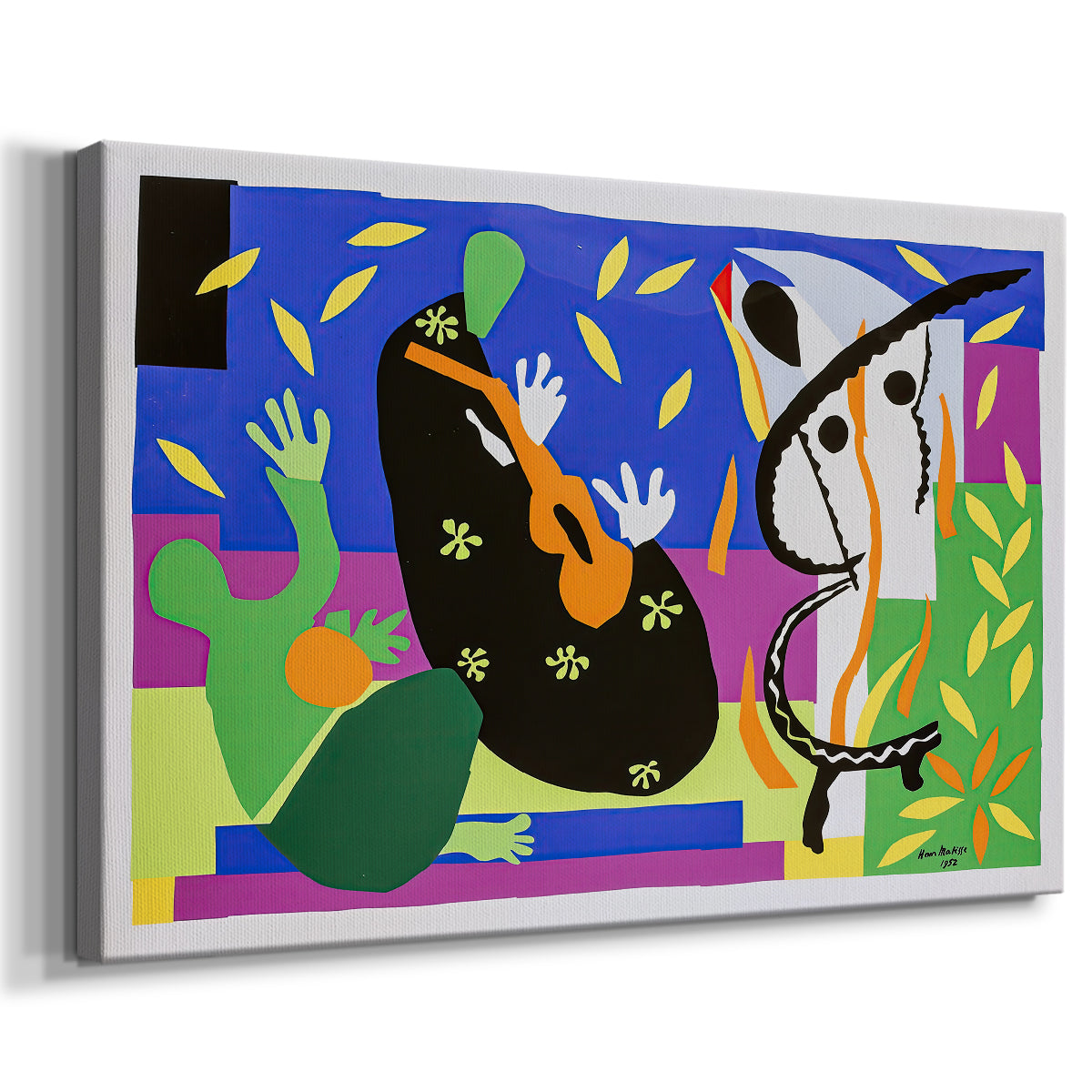 Canvas art print featuring a modernist collage combining figure and color blocks, displayed at an angle