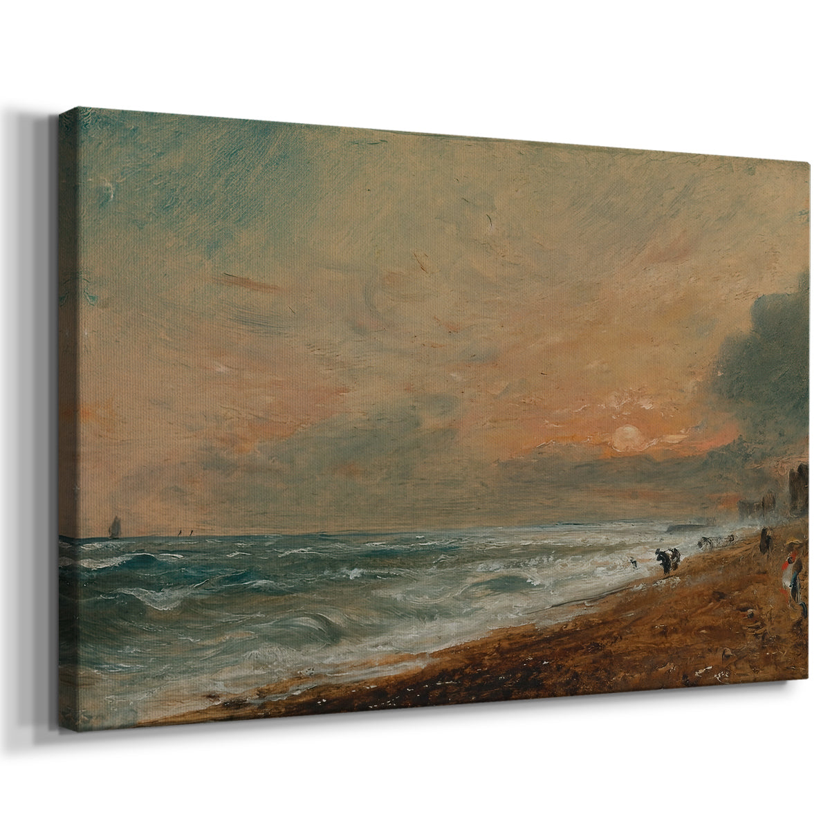 Canvas art print featuring a seaside scene with water meeting sandy shore, displayed at an angle