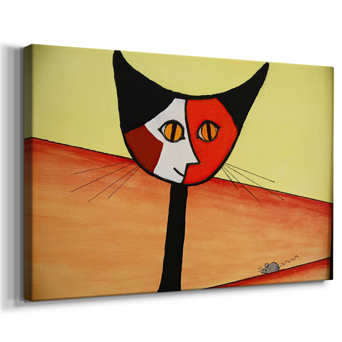 Canvas art print featuring a cubist-inspired feline portrait, displayed at an angle