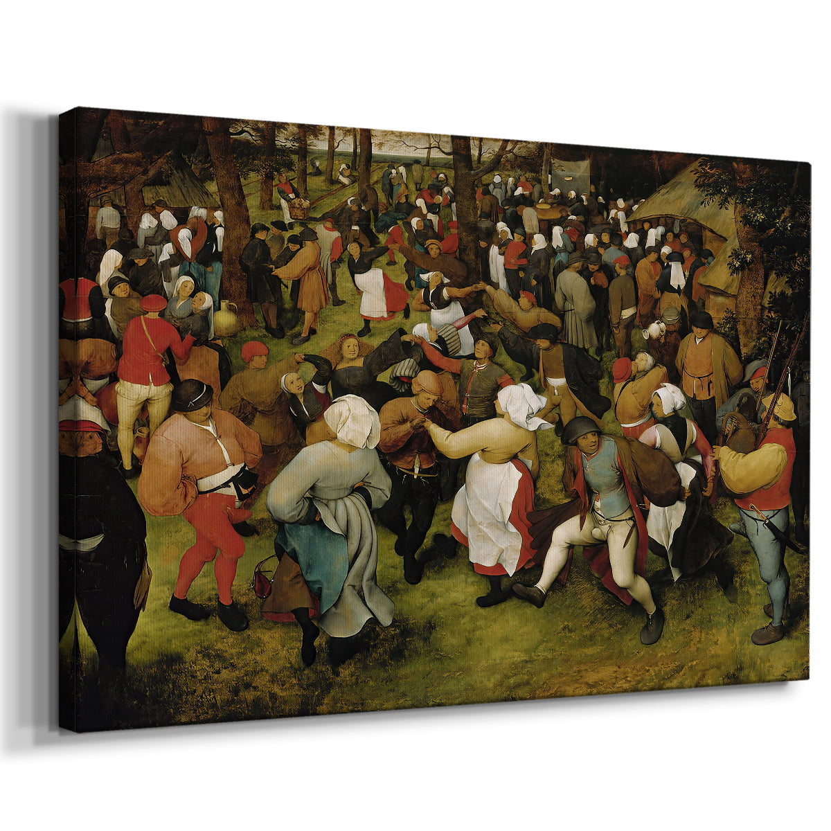 Canvas art print featuring a rustic wedding scene with people dancing, displayed at an angle