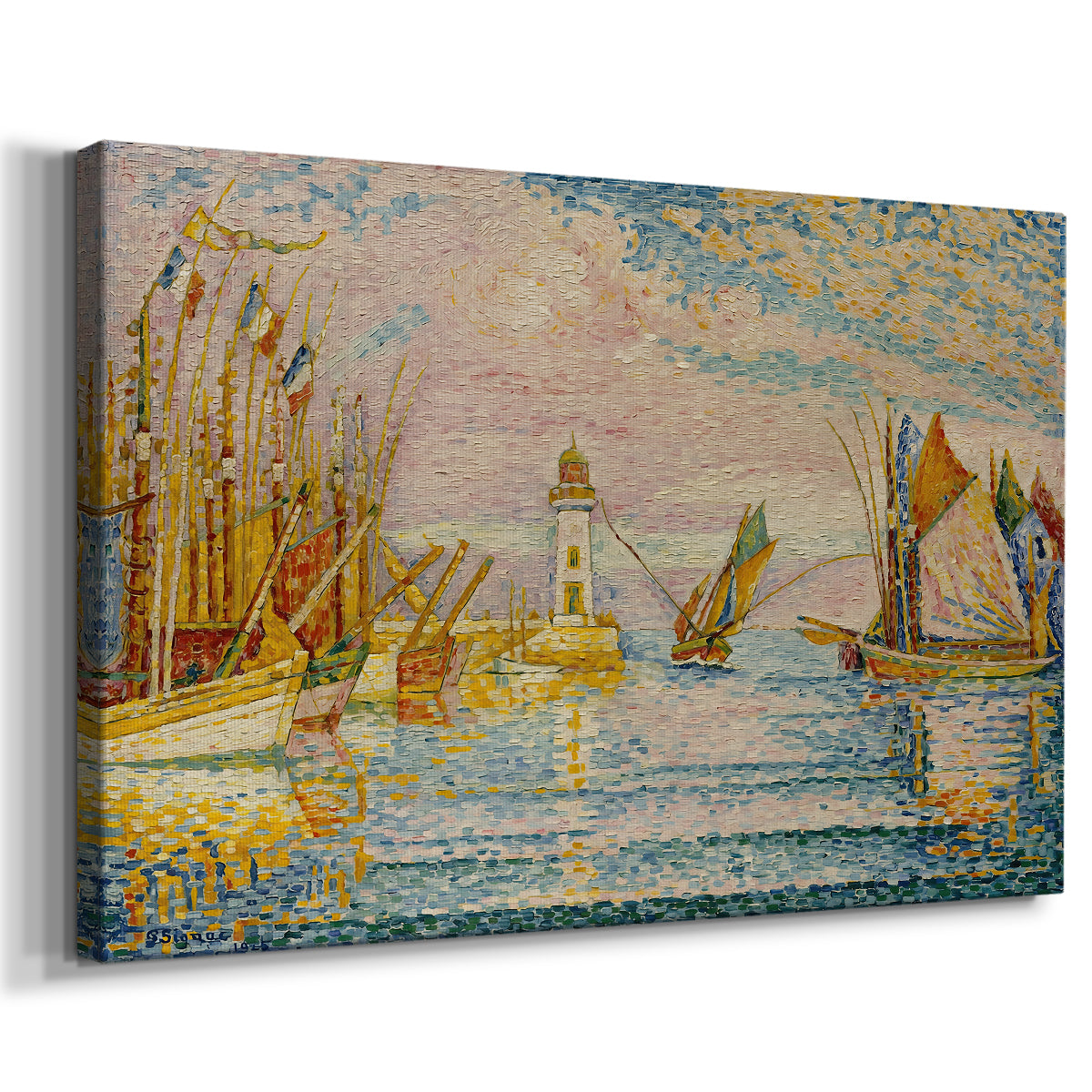 Canvas art print featuring a coastal scene with becon structure and vessels, displayed at an angle