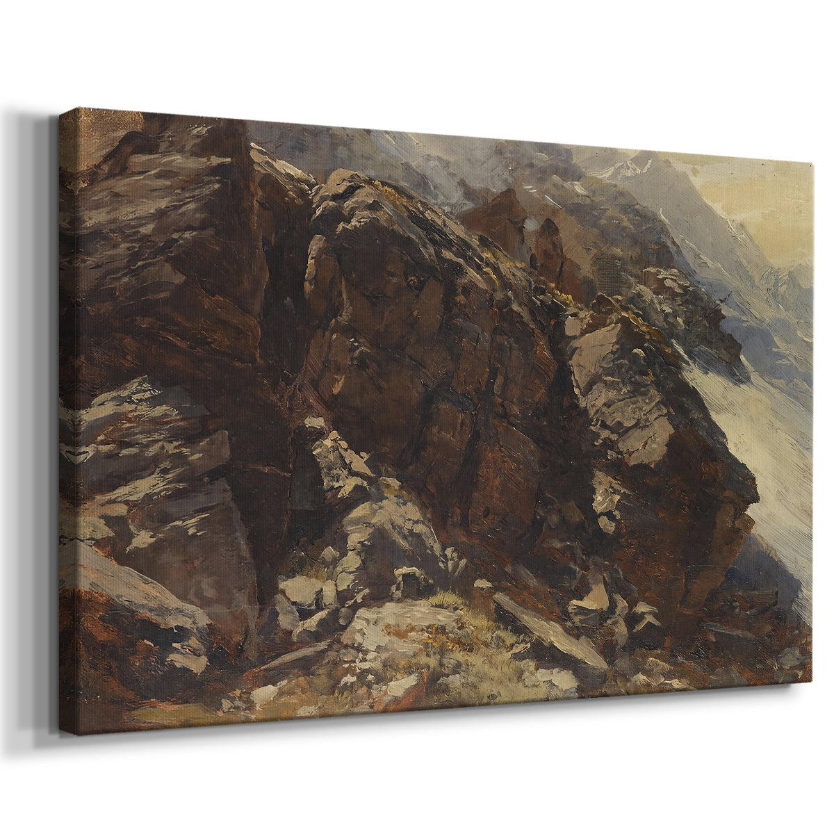 Canvas art print featuring a detailed study of rugged mountain landscape with sharp contours, displayed at an angle