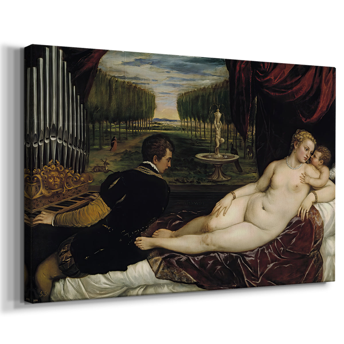Canvas art print featuring a Renaissance figure group with nude woman, musician, and child Cupid, displayed at an angle
