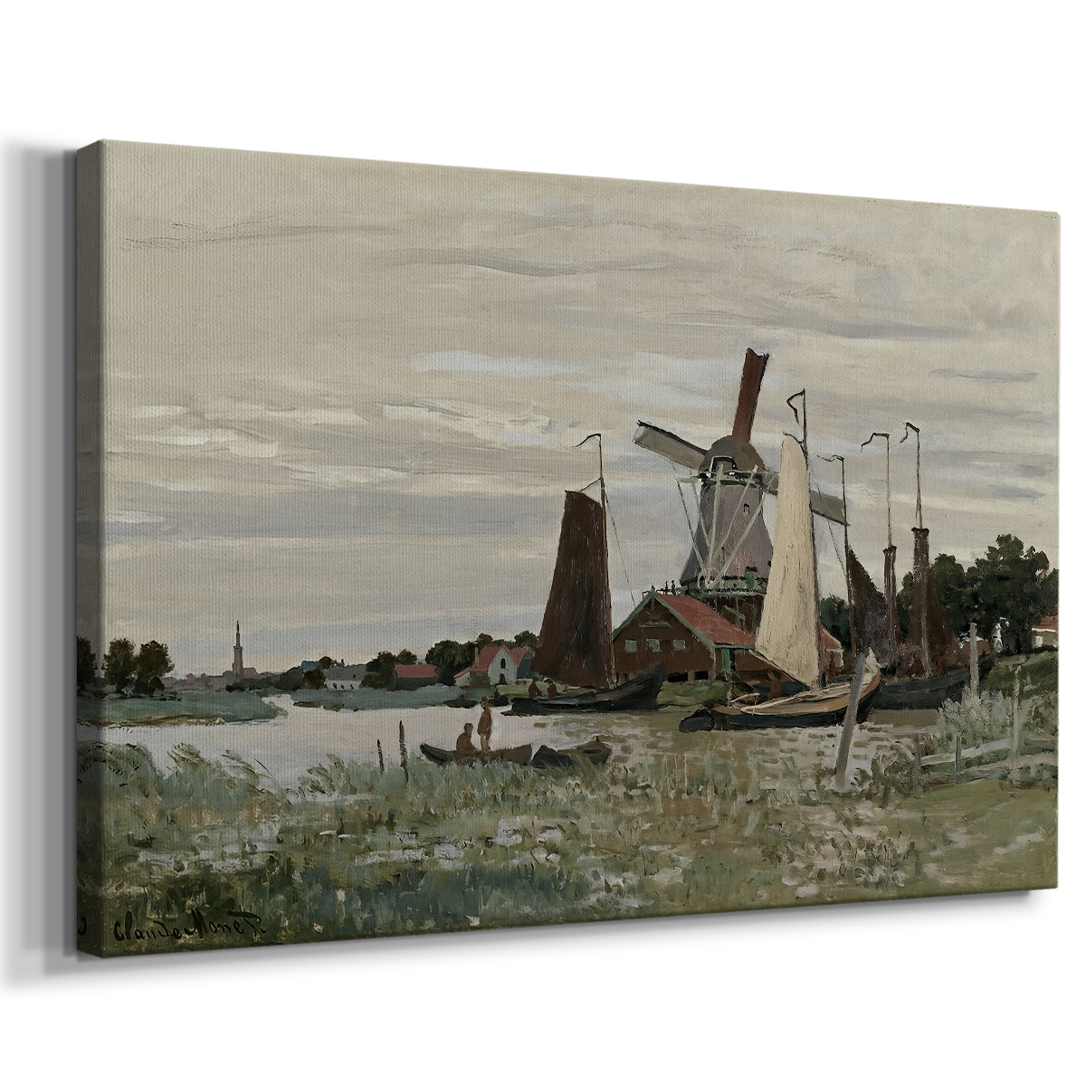 Canvas art print featuring an impressionist depiction of windmill near riverbank, displayed at an angle