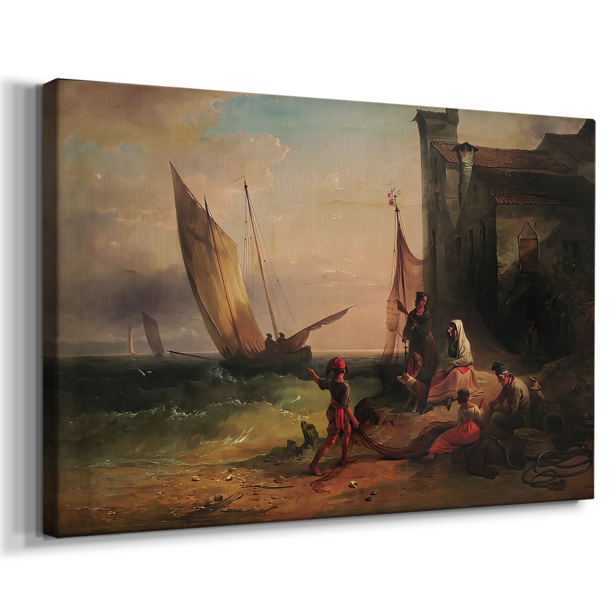 Canvas art print featuring a coastal family scene with maritime activity, displayed at an angle