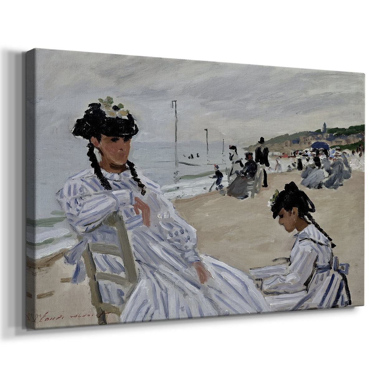 Canvas art print featuring an impressionist seaside scene with women in dresses and hats, displayed at an angle