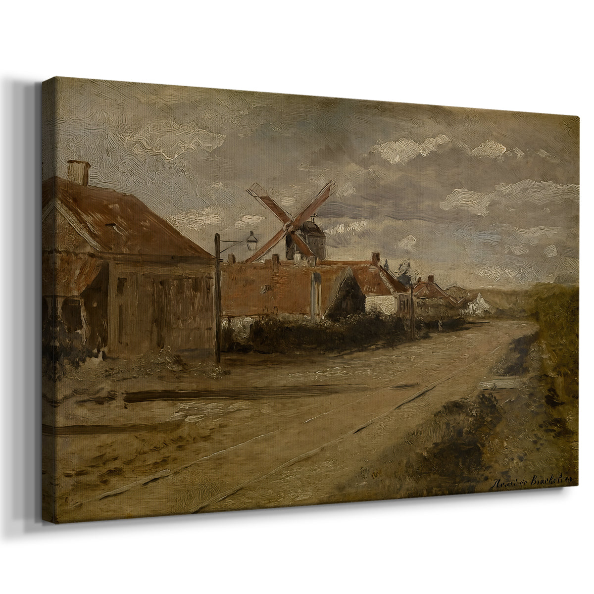 Canvas art print featuring a rustic scene with mill structure and surrounding terrain, displayed at an angle