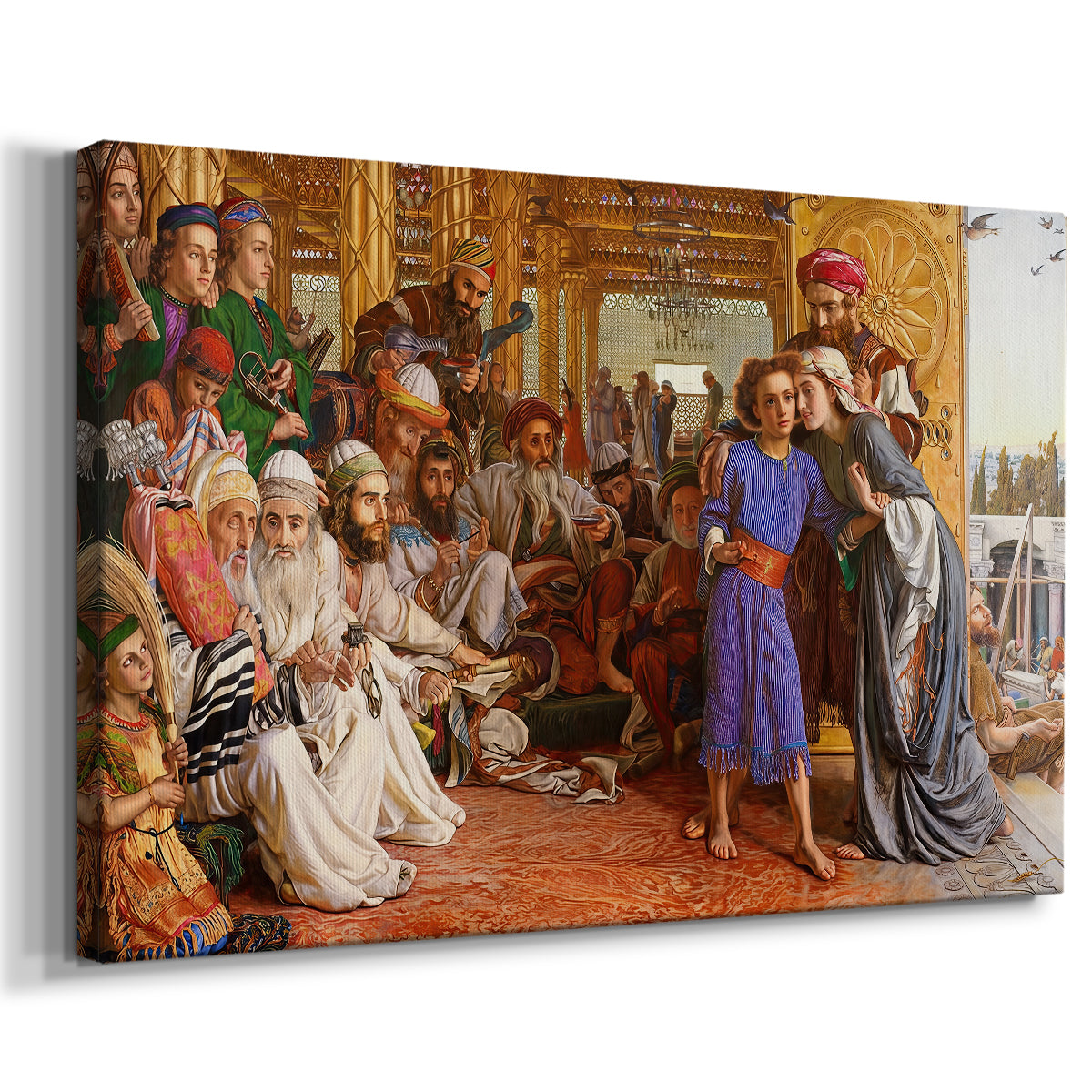 Canvas art print featuring a crowded temple scene with figures in robes surrounding central figure, displayed at an angle